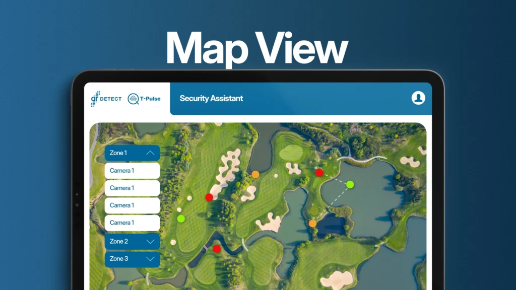 Dashboard map view showcasing real-time monitoring of expansive grounds using T-Pulse security system.