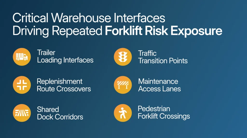 Critical forklift interaction points across warehouse operations